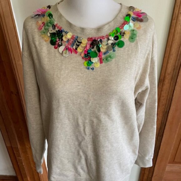 J. CREW Embellished Beaded Sweatshirt Oatmeal Mermaid M - Picture 3 of 16